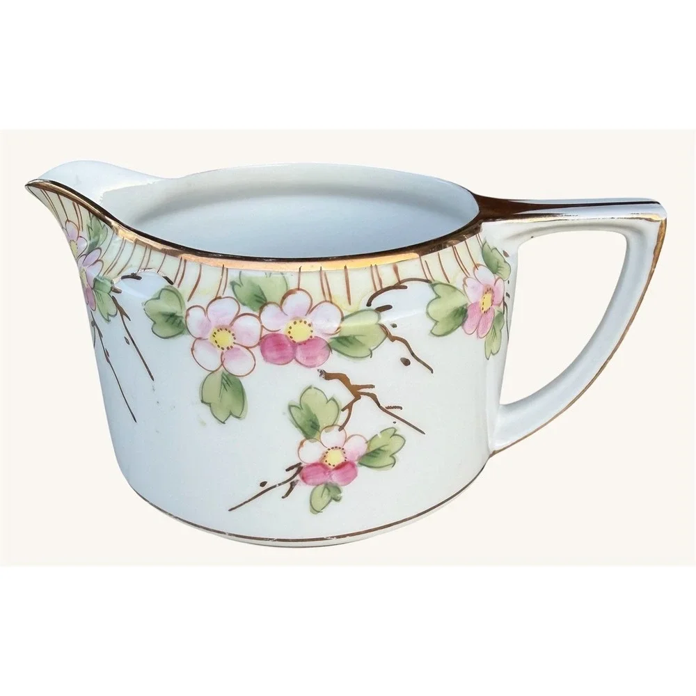 Antique Porcelain Creamer Japanese Style Hand Painted Pink Cherry Blossoms Pink
